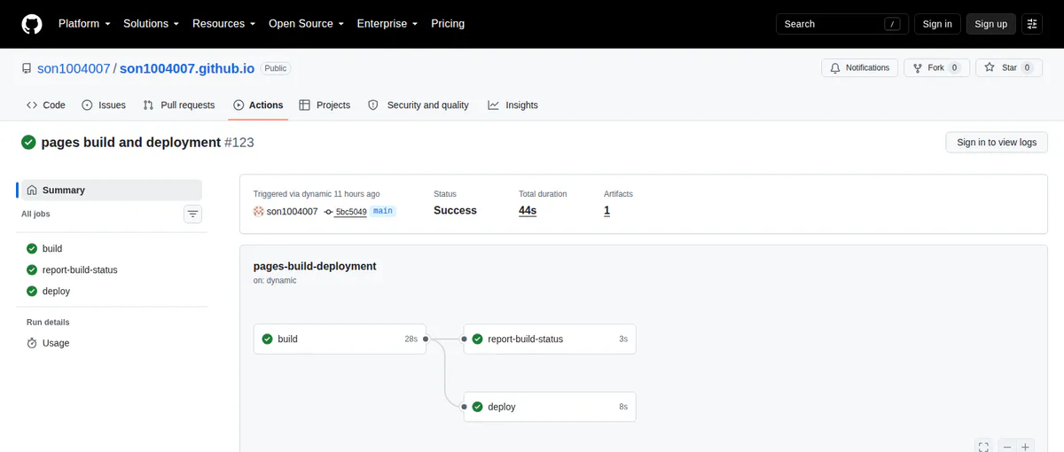GitHub Actions에서 GitHub Pages 빌드와 배포가 성공한 요약 화면